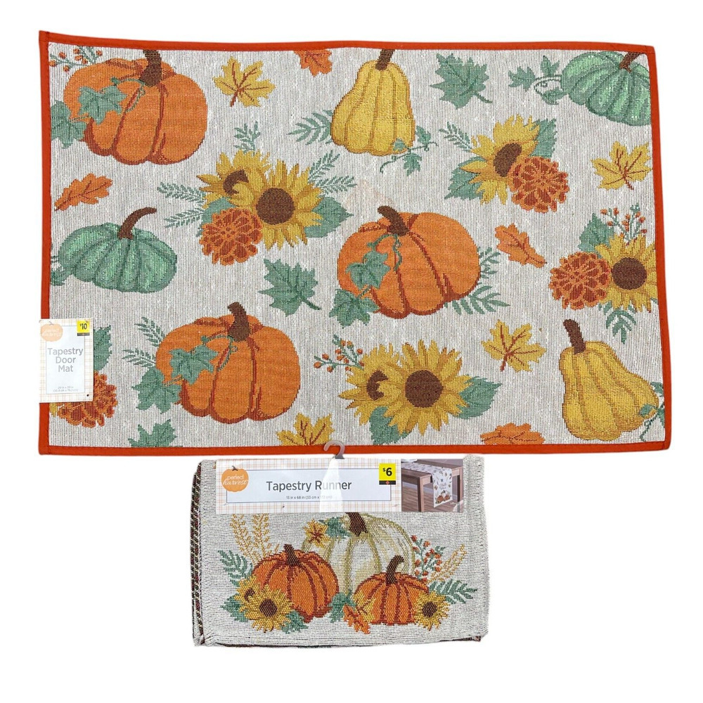 Thanksgiving Tapestry Door Mat Kitchen Rug & Table Runner Set Pumpkins Harvest